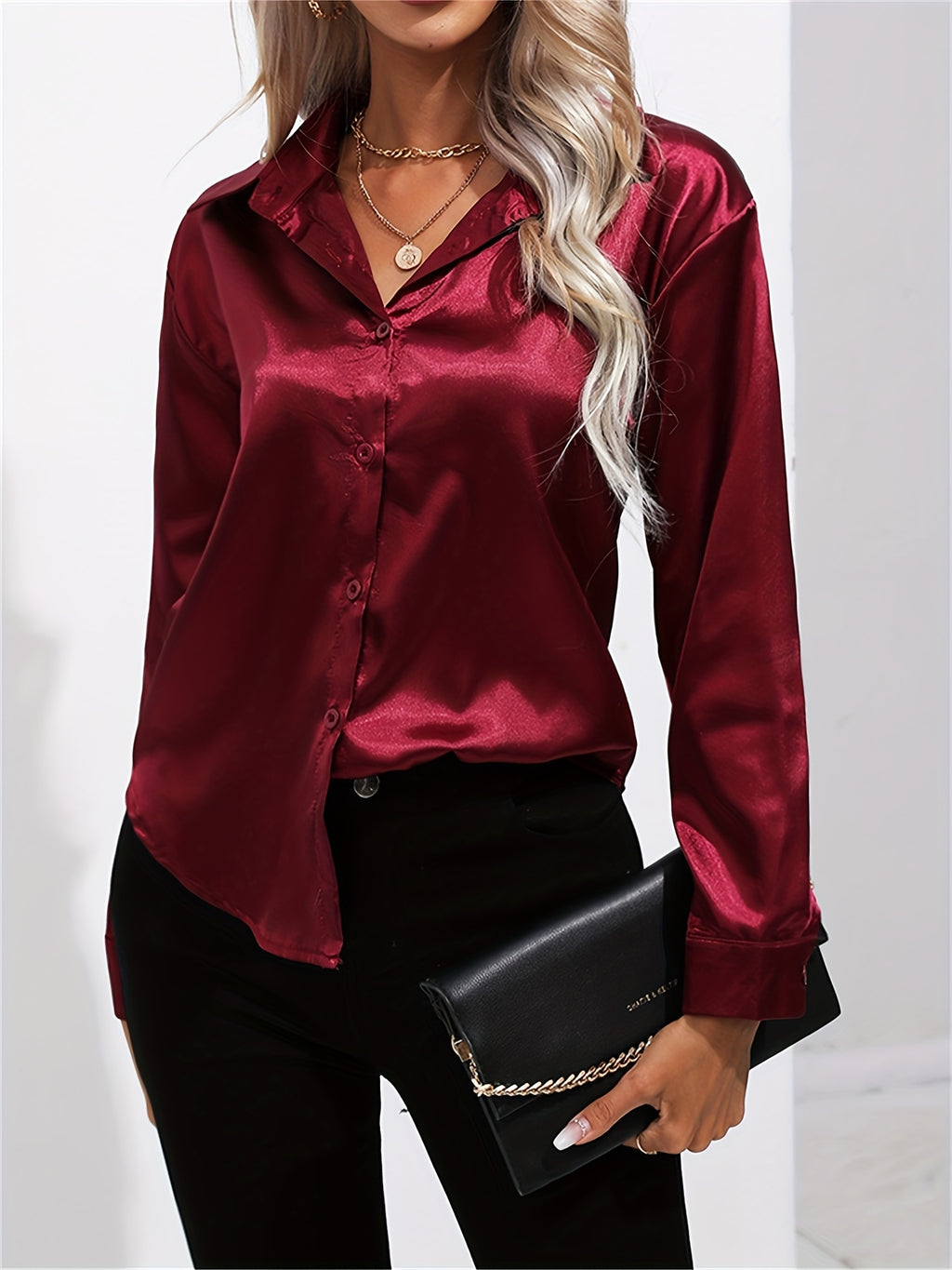 Satin Button-Down Blouse with Refined Draping