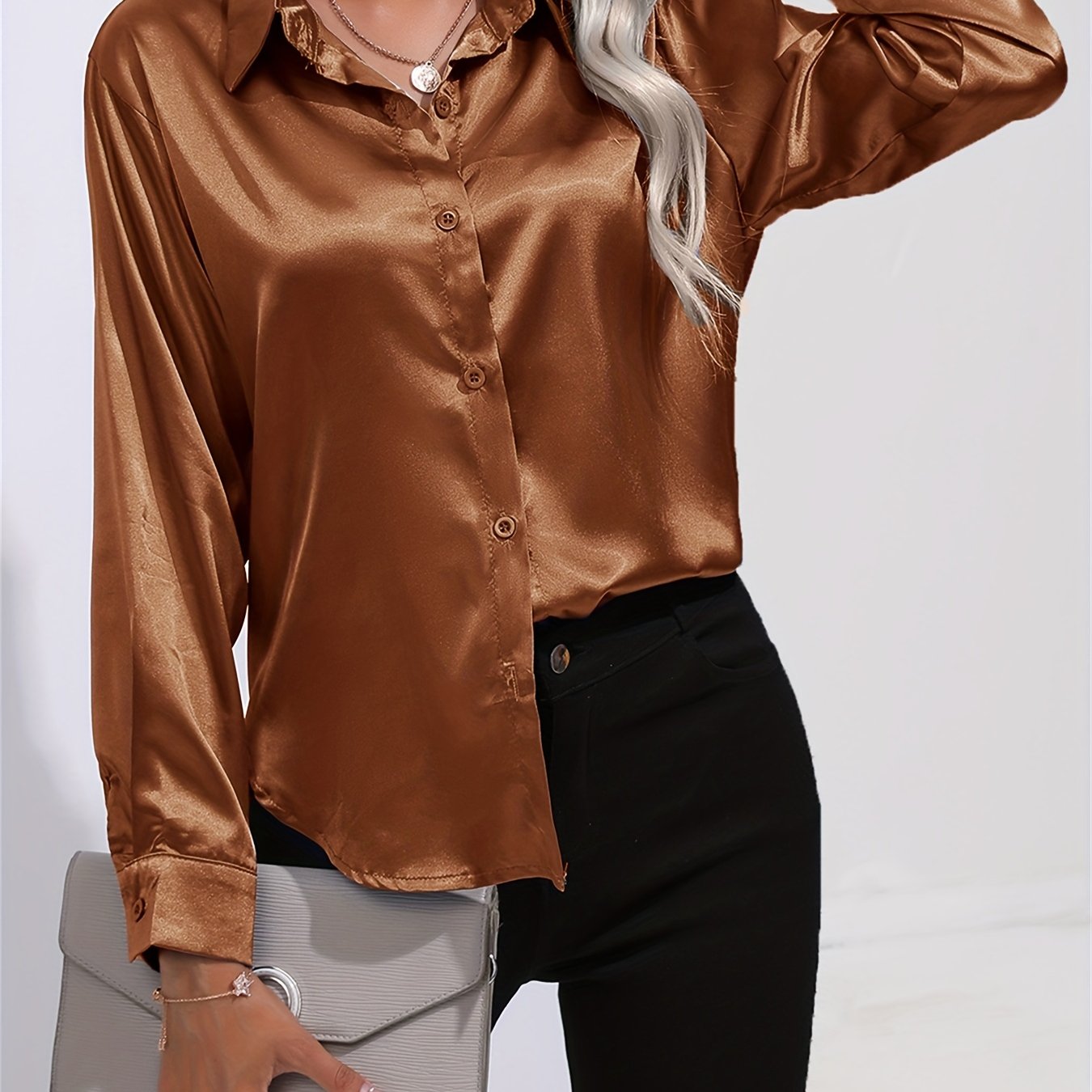 Satin Button-Down Blouse with Refined Draping
