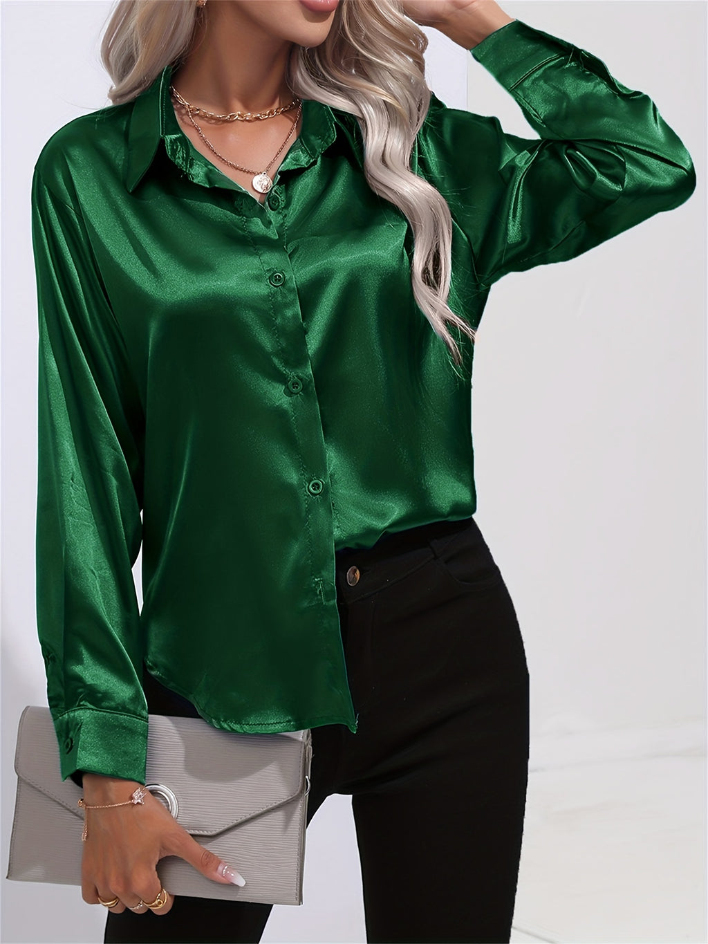 Satin Button-Down Blouse with Refined Draping