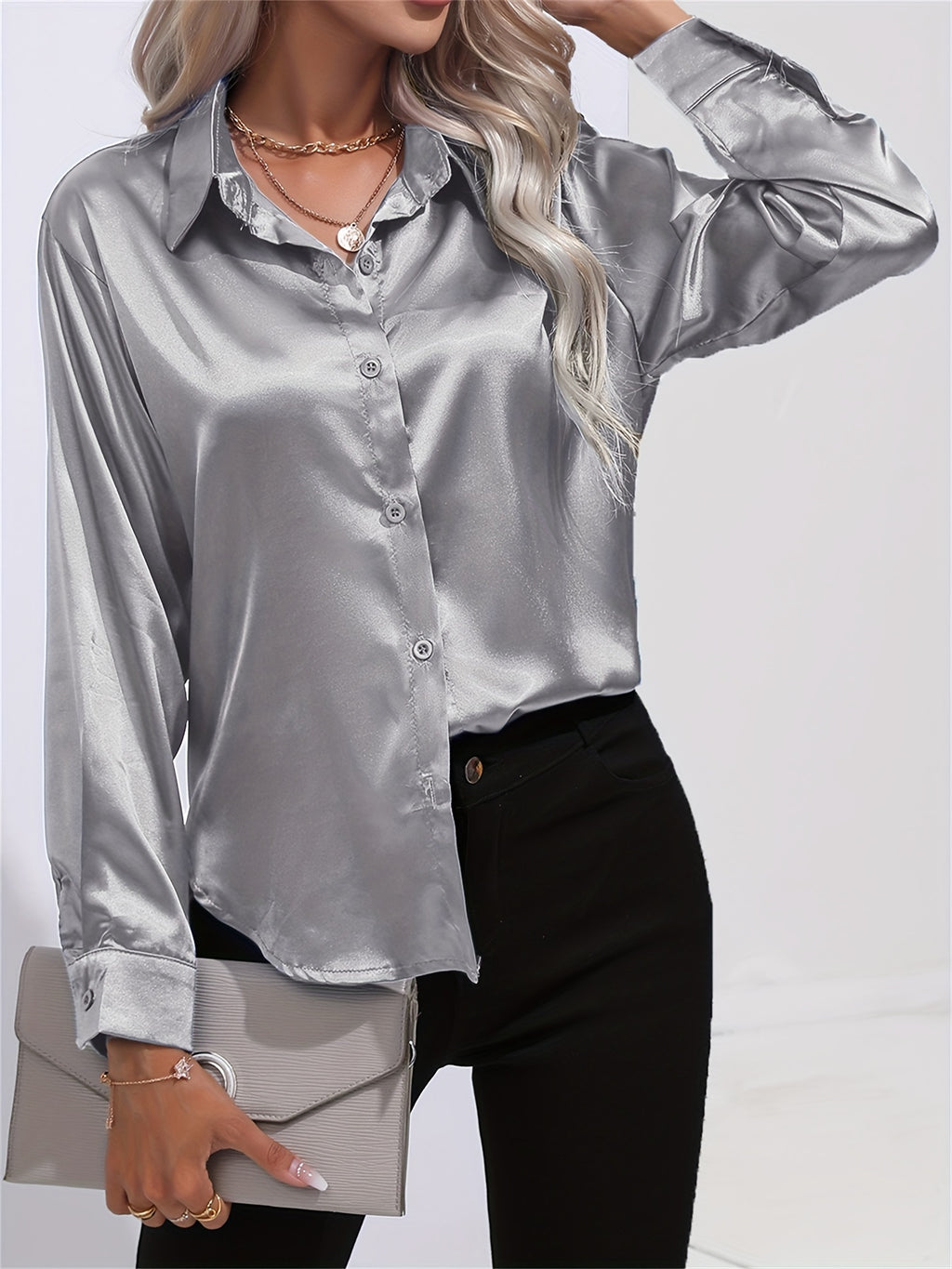 Satin Button-Down Blouse with Refined Draping