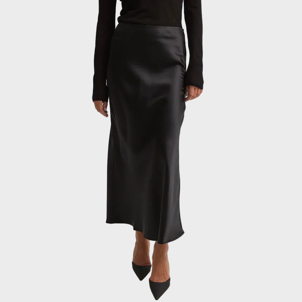 Satin Midi Skirt with Refined Fluid Draping