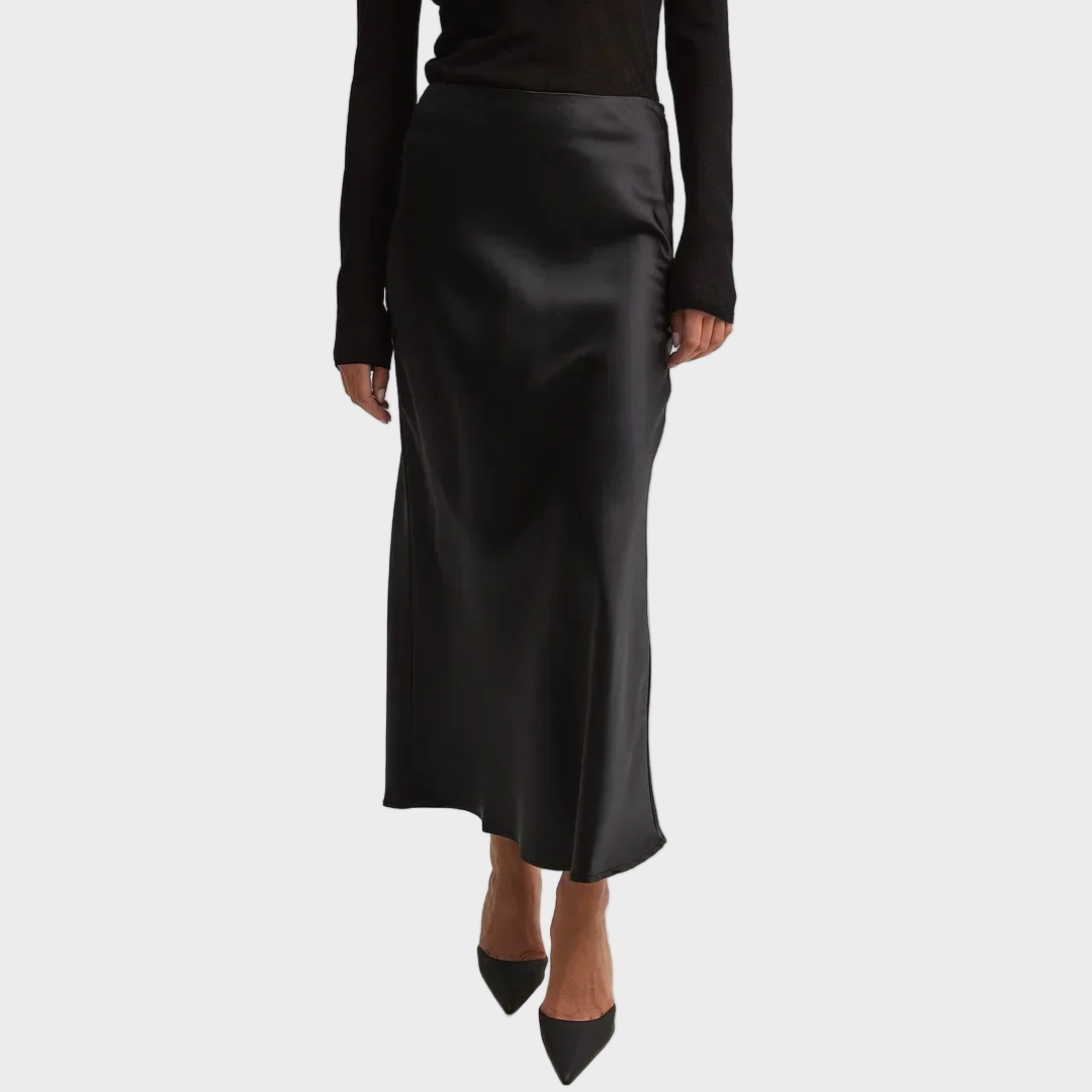 Satin Midi Skirt with Refined Fluid Draping