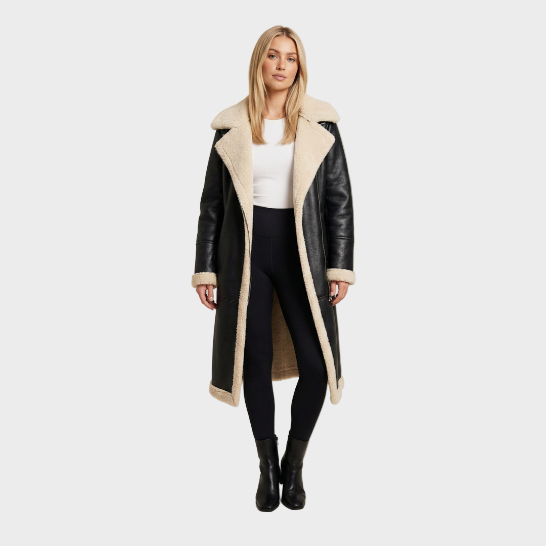 Shearling-Lined Long Leather Coat