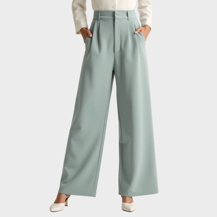 Light green wide-leg pants worn by a person on a white background Baby blue