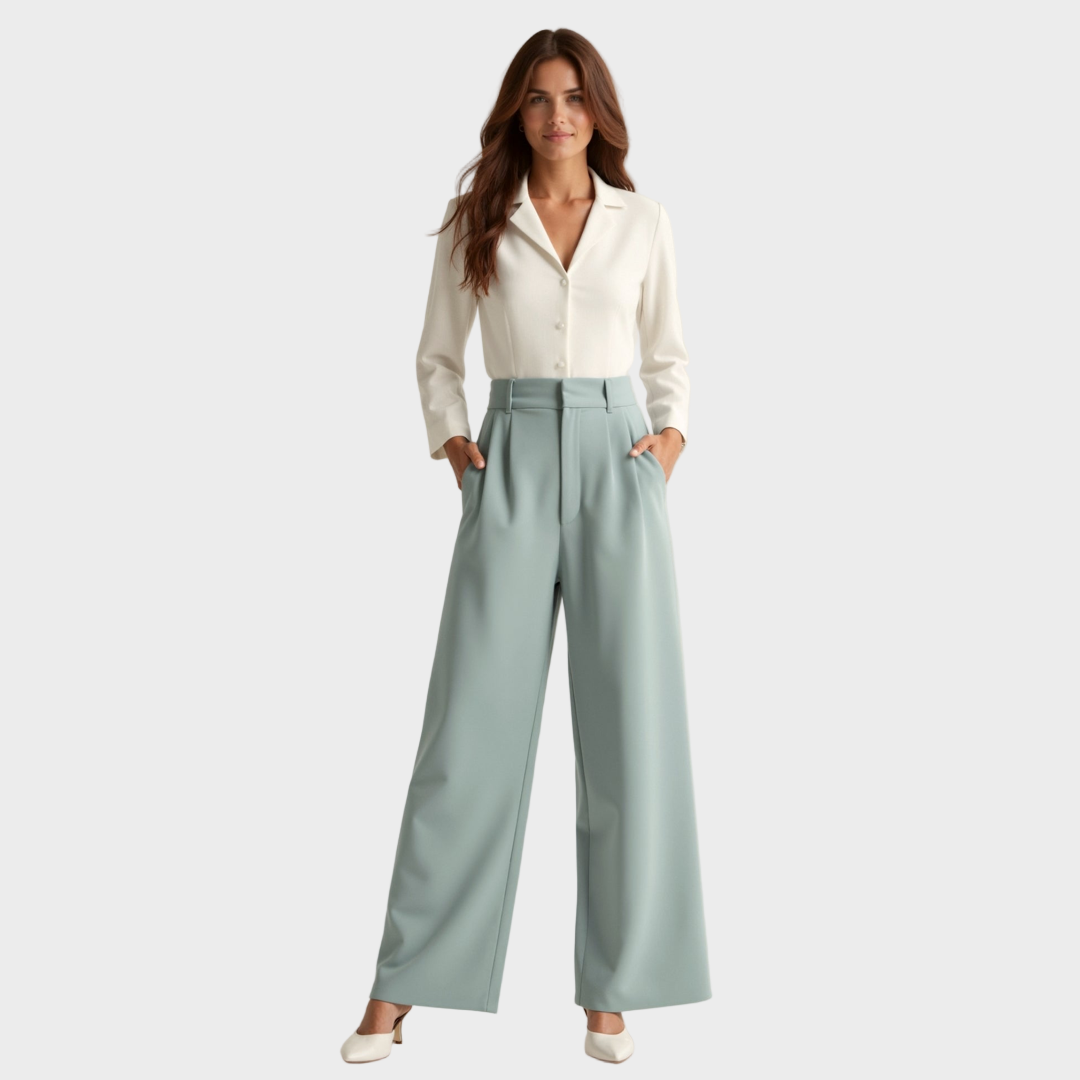 Woman wearing a white blouse and light blue high-waisted pants on a plain background Baby blue