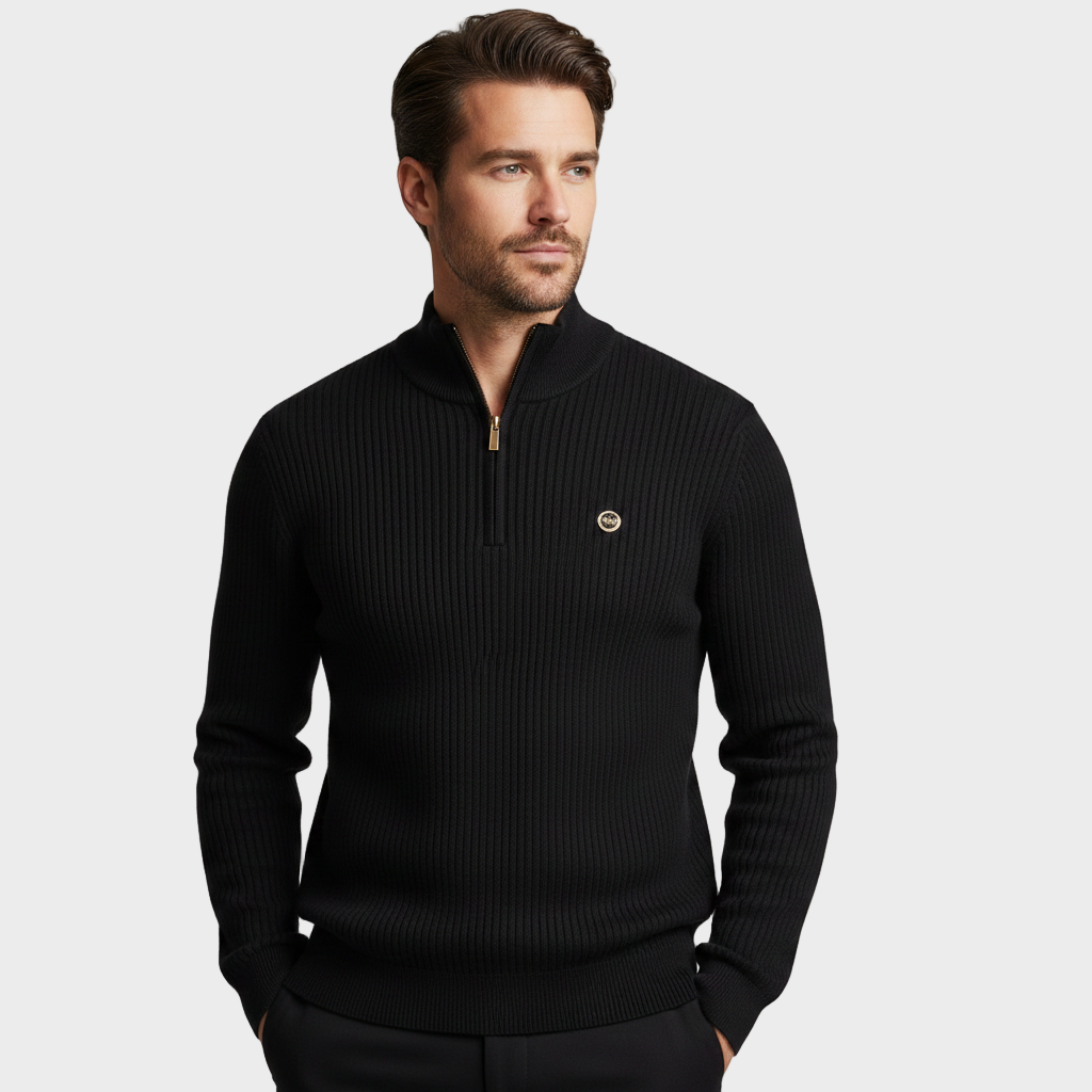 Ribbed Half-Zip Sweater with Signature Detail