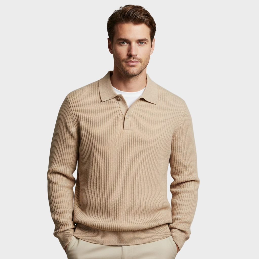 Ribbed Knit Polo Sweater