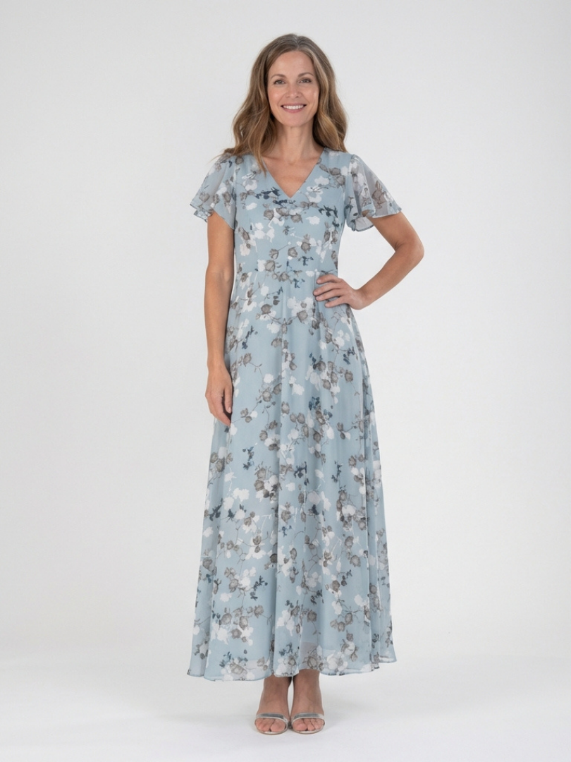 Zayé Women's Vintage Floral Chiffon Maxi Dress | V-Neck Flutter Sleeve Full A-Line Skirt