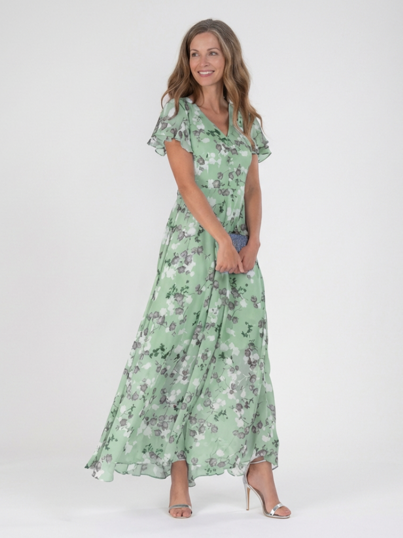 Zayé Women's Vintage Floral Chiffon Maxi Dress | V-Neck Flutter Sleeve Full A-Line Skirt