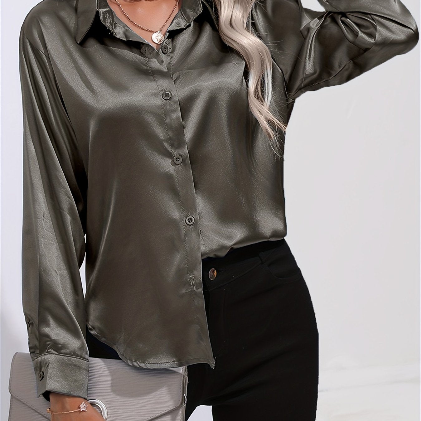Satin Button-Down Blouse with Refined Draping