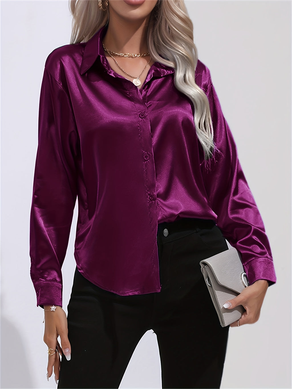 Satin Button-Down Blouse with Refined Draping