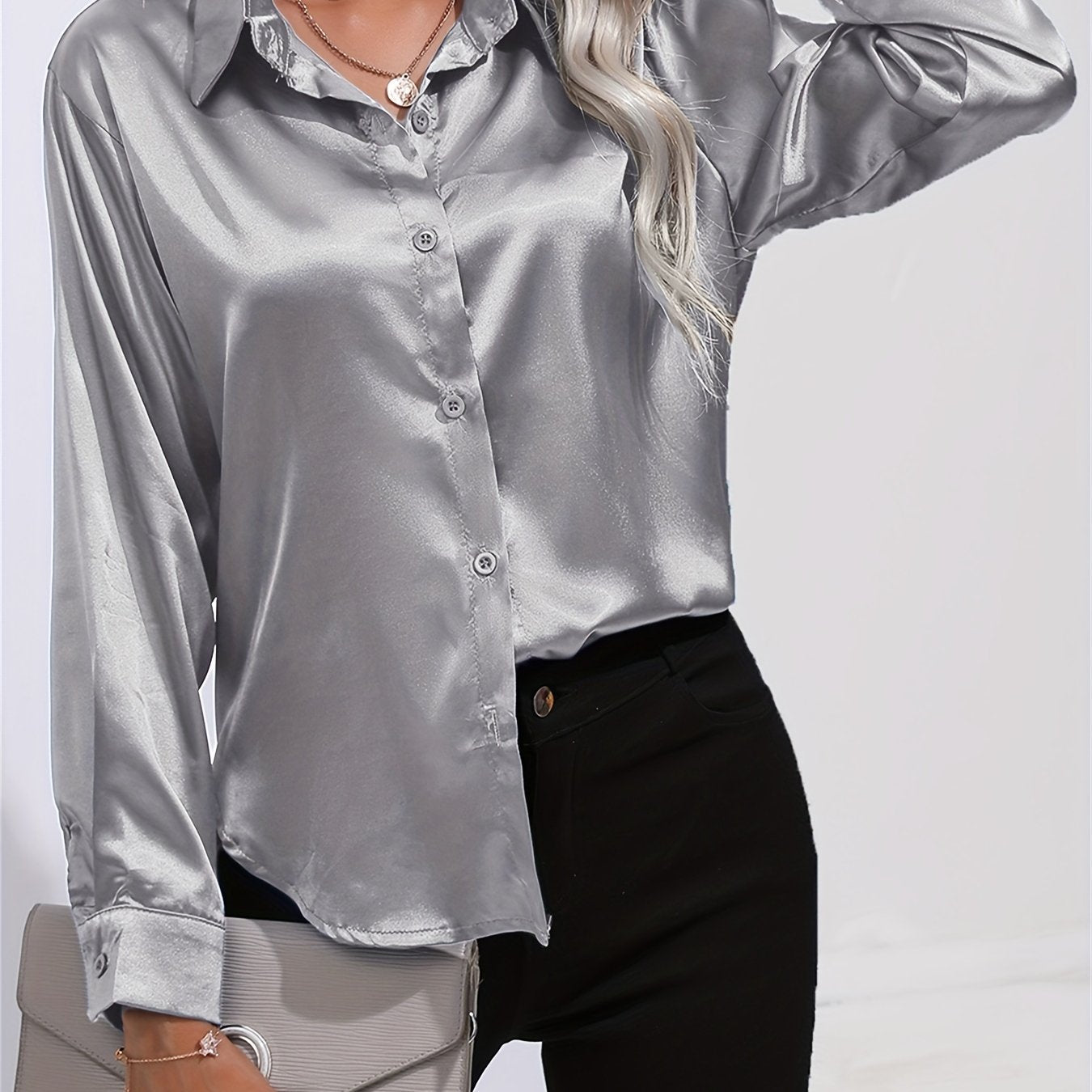 Satin Button-Down Blouse with Refined Draping