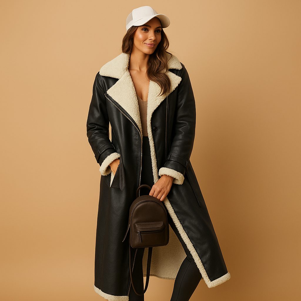 Shearling-Lined Long Leather Coat
