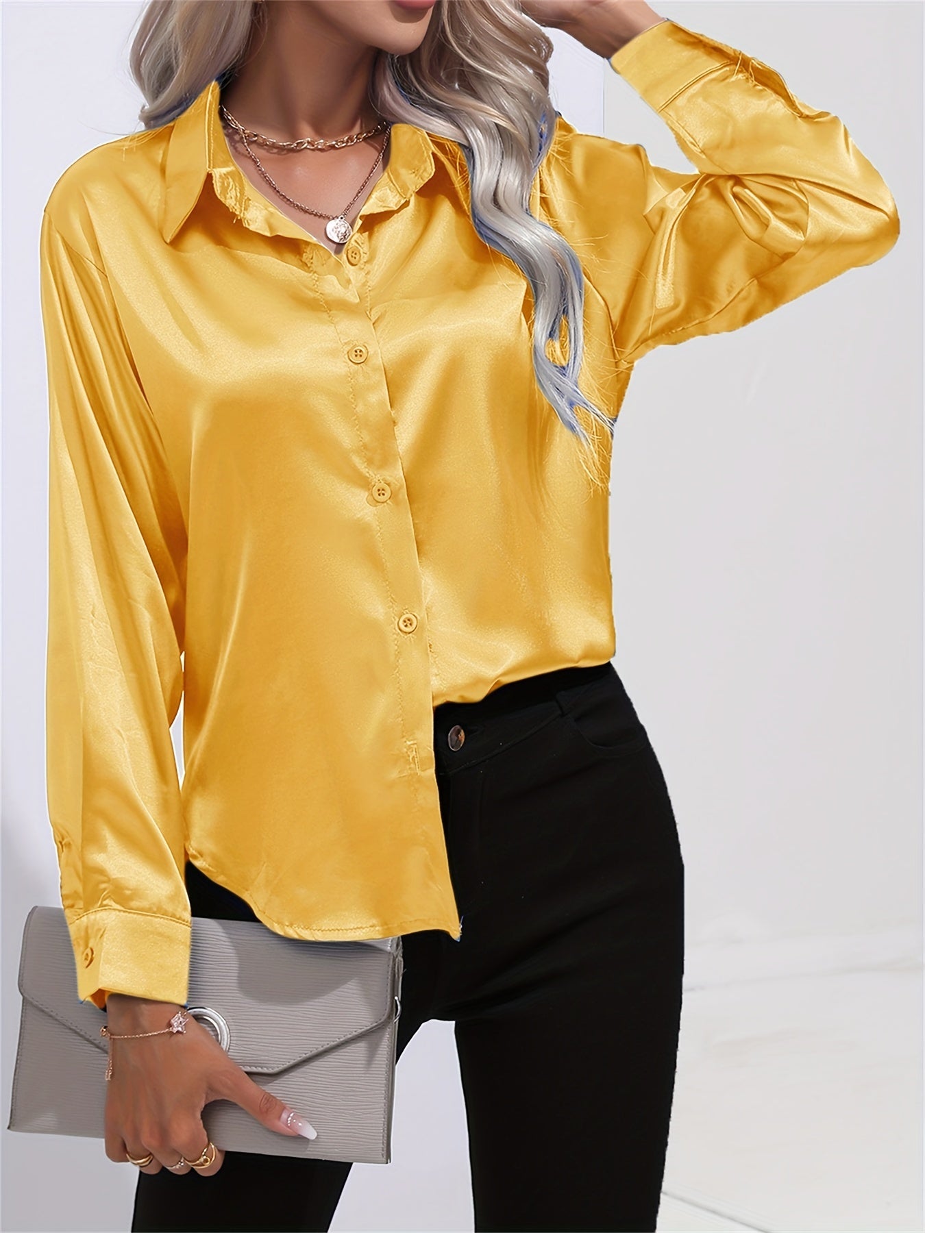 Satin Button-Down Blouse with Refined Draping