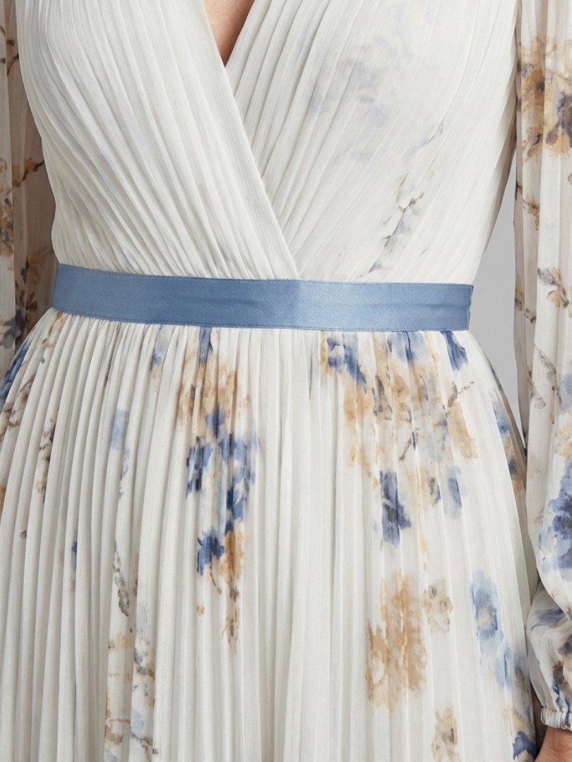 Zayé Women's Floral Accordion Pleat Maxi Dress | Wrap V-Neck Bishop Sleeve Contrast Blue Belt