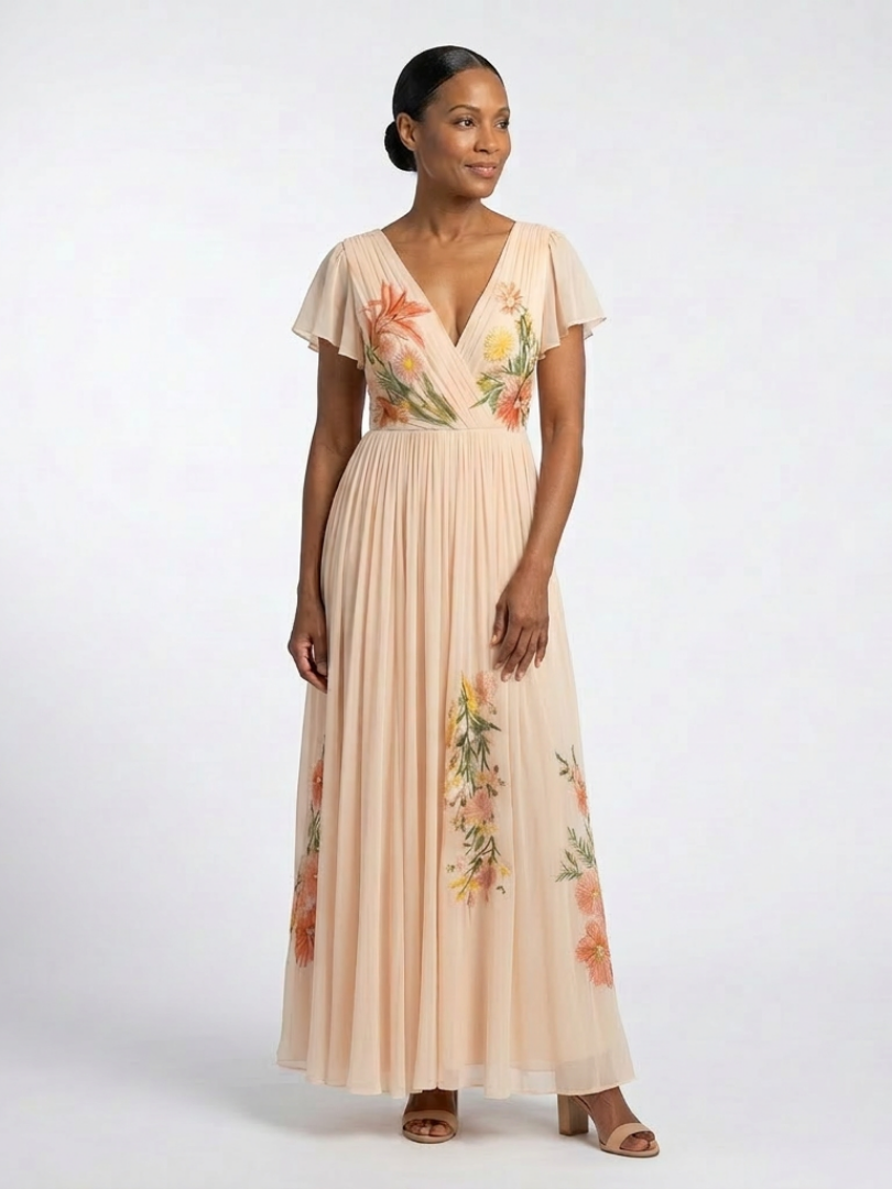 Zayé Women's Placed Floral Pleated Maxi Dress | Wrap V-Neck Flutter Sleeve Chiffon