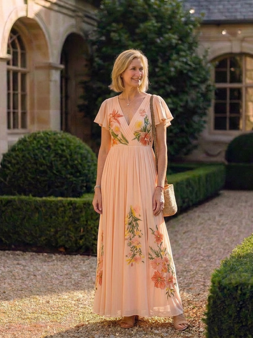 Zayé Women's Placed Floral Pleated Maxi Dress | Wrap V-Neck Flutter Sleeve Chiffon