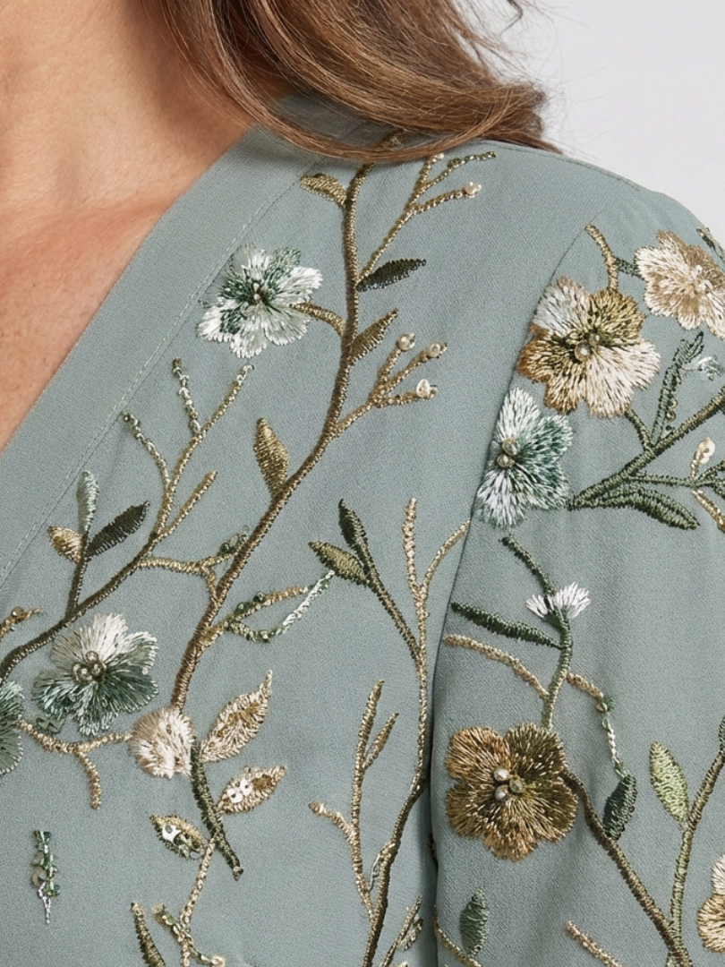 Zayé Women's Embroidered Mesh Maxi Dress | Wrap V-Neck Cape Sleeve Ribbon Belt A-Line Skirt