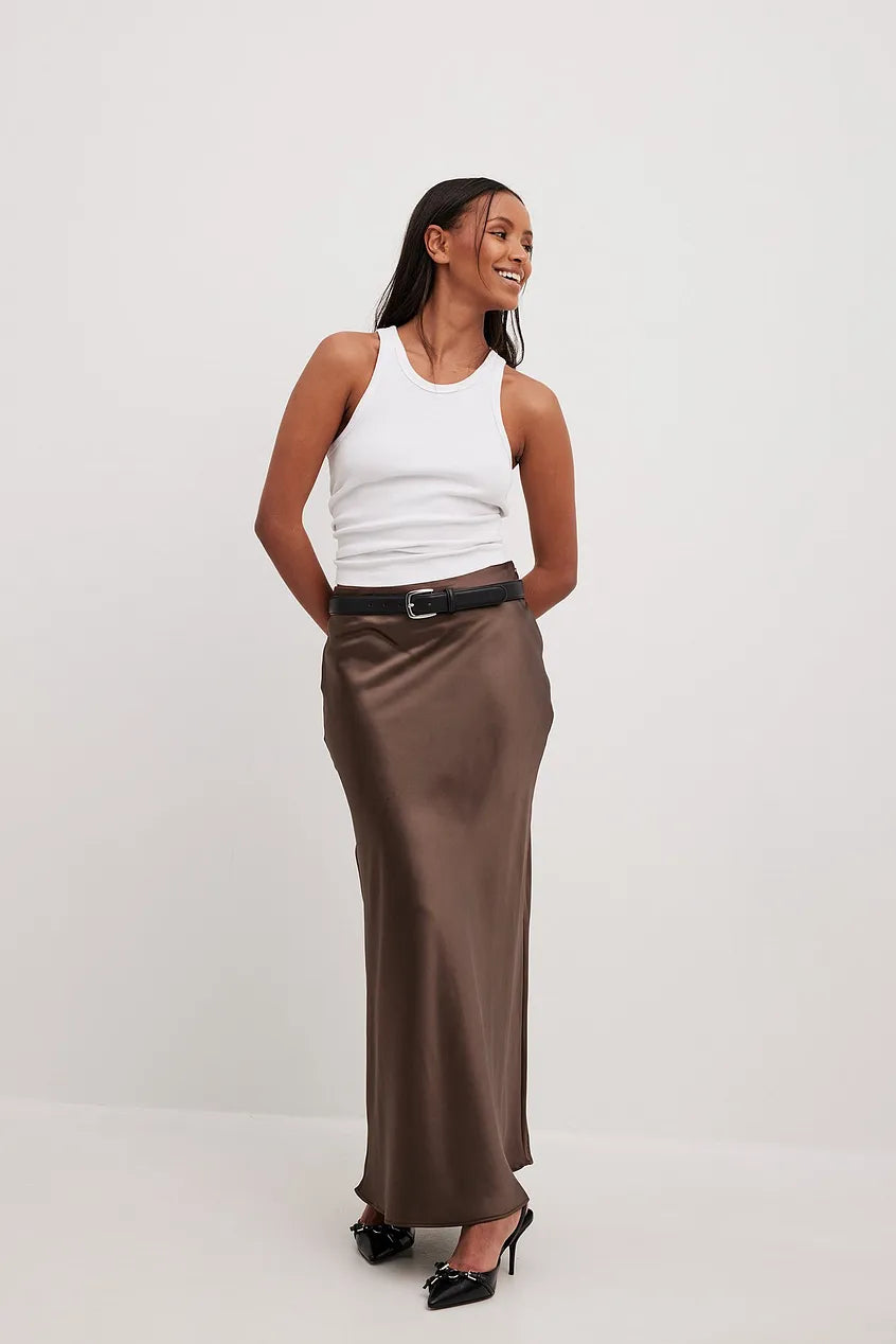Satin Midi Skirt with Refined Fluid Draping