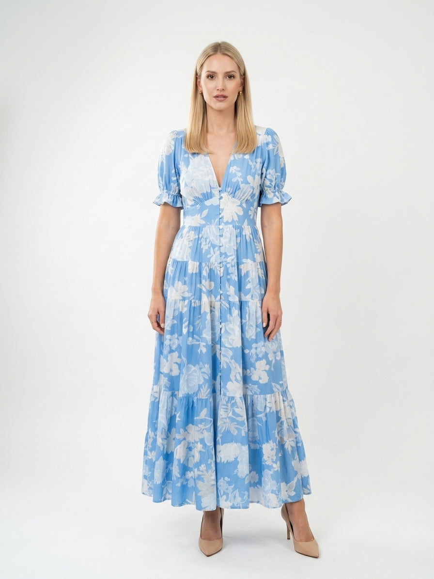 Zayé Women's Floral Midi Dress | V-Neck Short Flutter Sleeve Gathered Waist