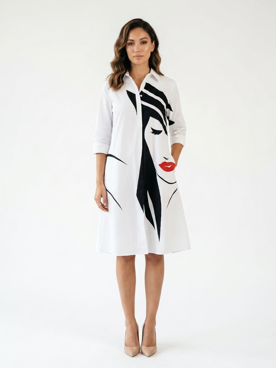 Zayé Women's Graphic Face Print Shirt Dress | Point Collar Three Quarter Sleeve A-Line
