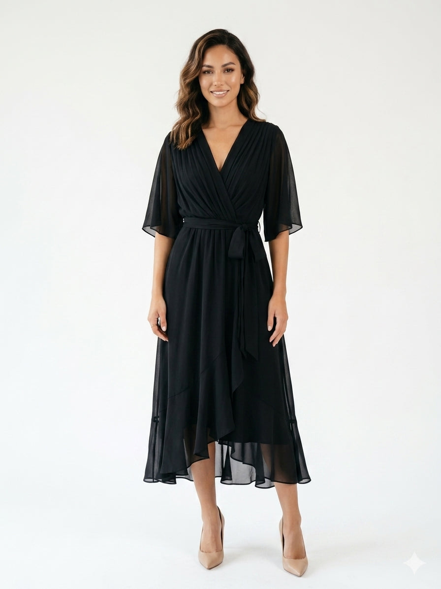 Zayé Women's Chiffon Midi Dress | Deep V-Neck Angel Sleeve Tie Waist Handkerchief Hem