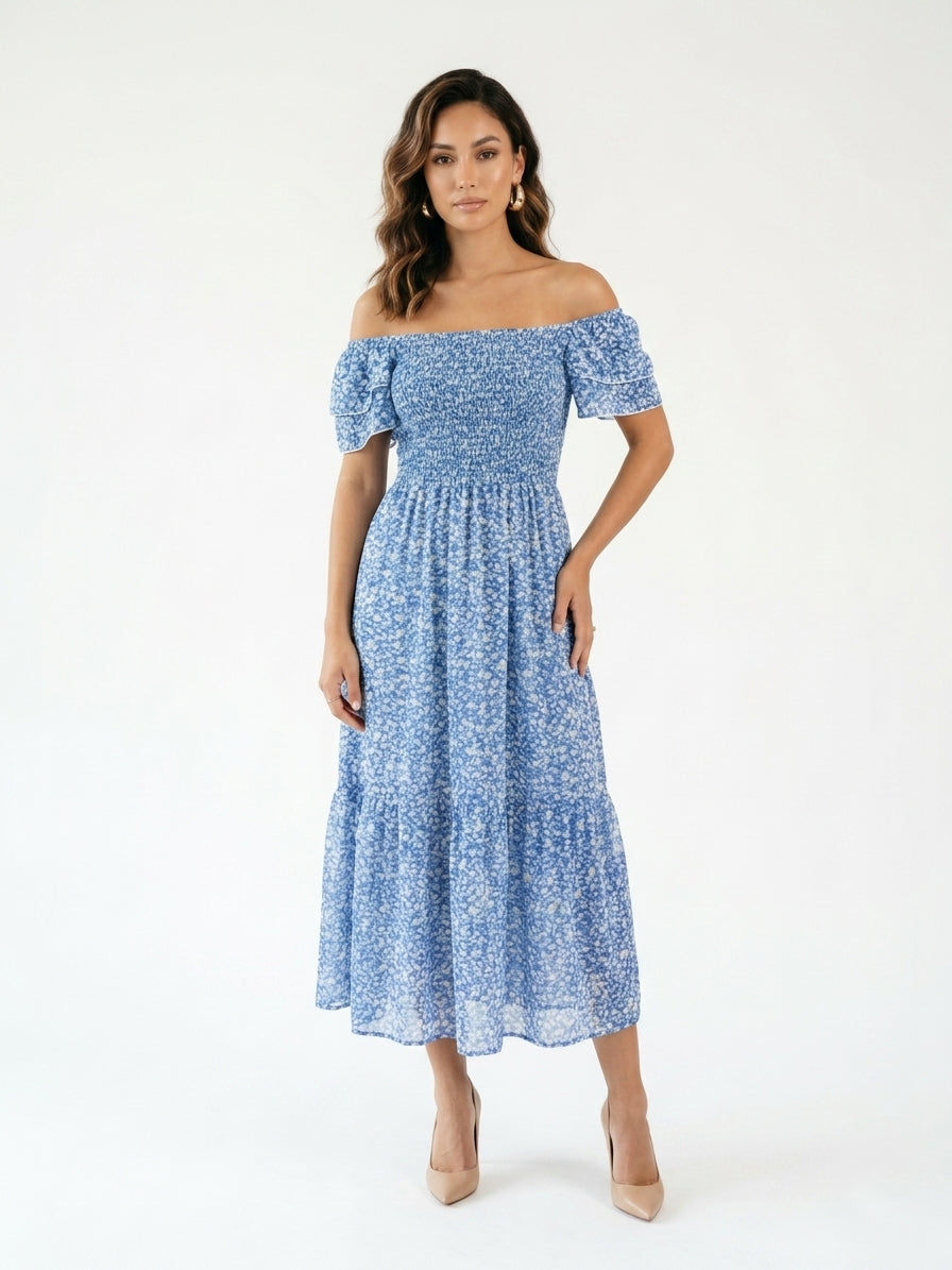 Zayé Women's Ditsy Floral Midi Dress | Square Neck Smocked Bodice Flutter Sleeve