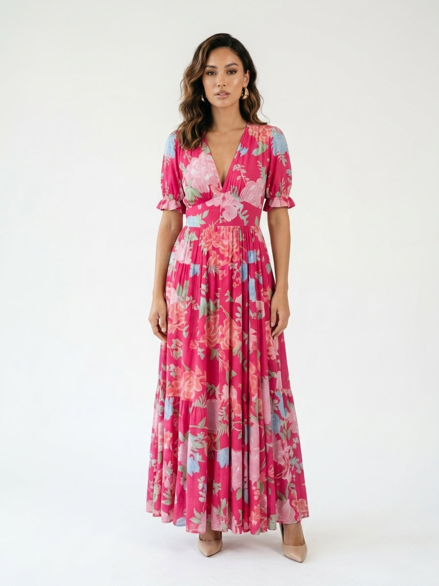Zayé Women's Floral Midi Dress | V-Neck Short Flutter Sleeve Gathered Waist