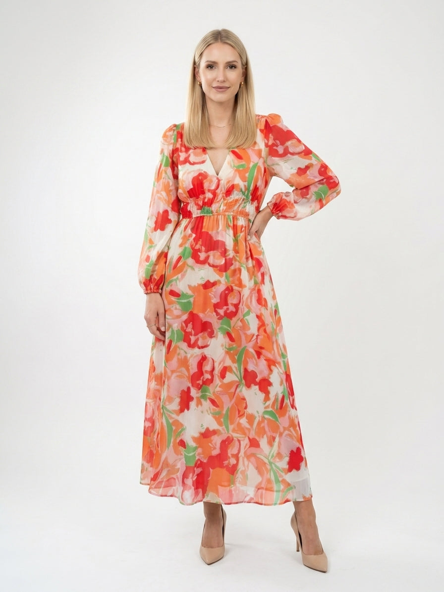 Zayé Women's Watercolour Floral Chiffon Maxi Dress | Wrap V-Neck Bishop Sleeve Tiered Skirt