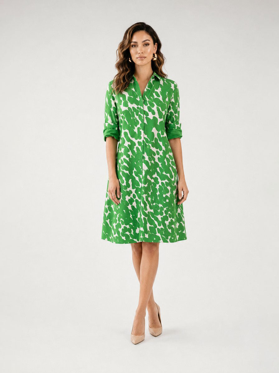 Zayé Women's Abstract Brush Mark Print Shirt Dress | Point Collar Three Quarter Sleeve Relaxed Fit