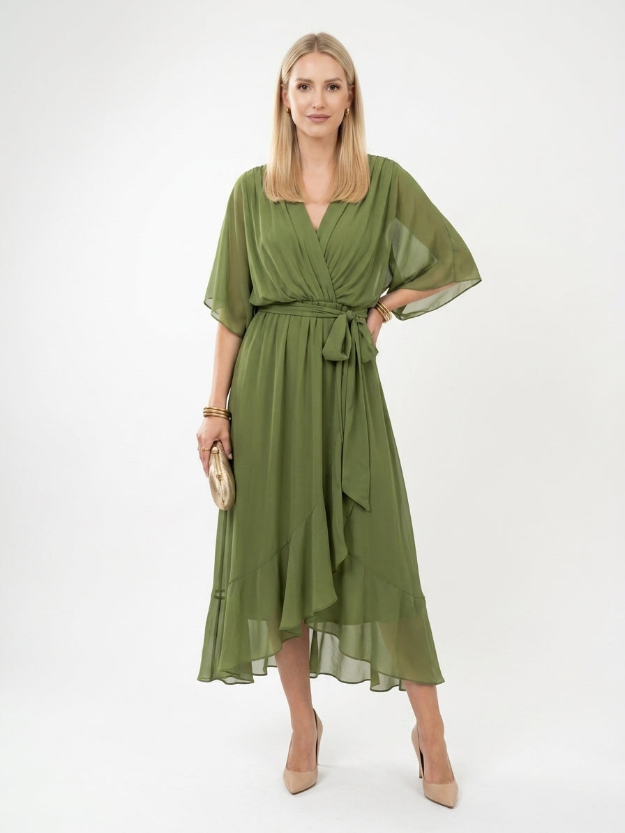 Zayé Women's Chiffon Midi Dress | Deep V-Neck Angel Sleeve Tie Waist Handkerchief Hem