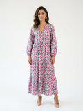 Zayé Women's Arrow Print Midi Dress | V-Neck Balloon Sleeve Tiered Skirt