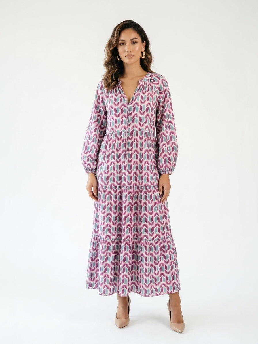 Zayé Women's Arrow Print Midi Dress | V-Neck Balloon Sleeve Tiered Skirt
