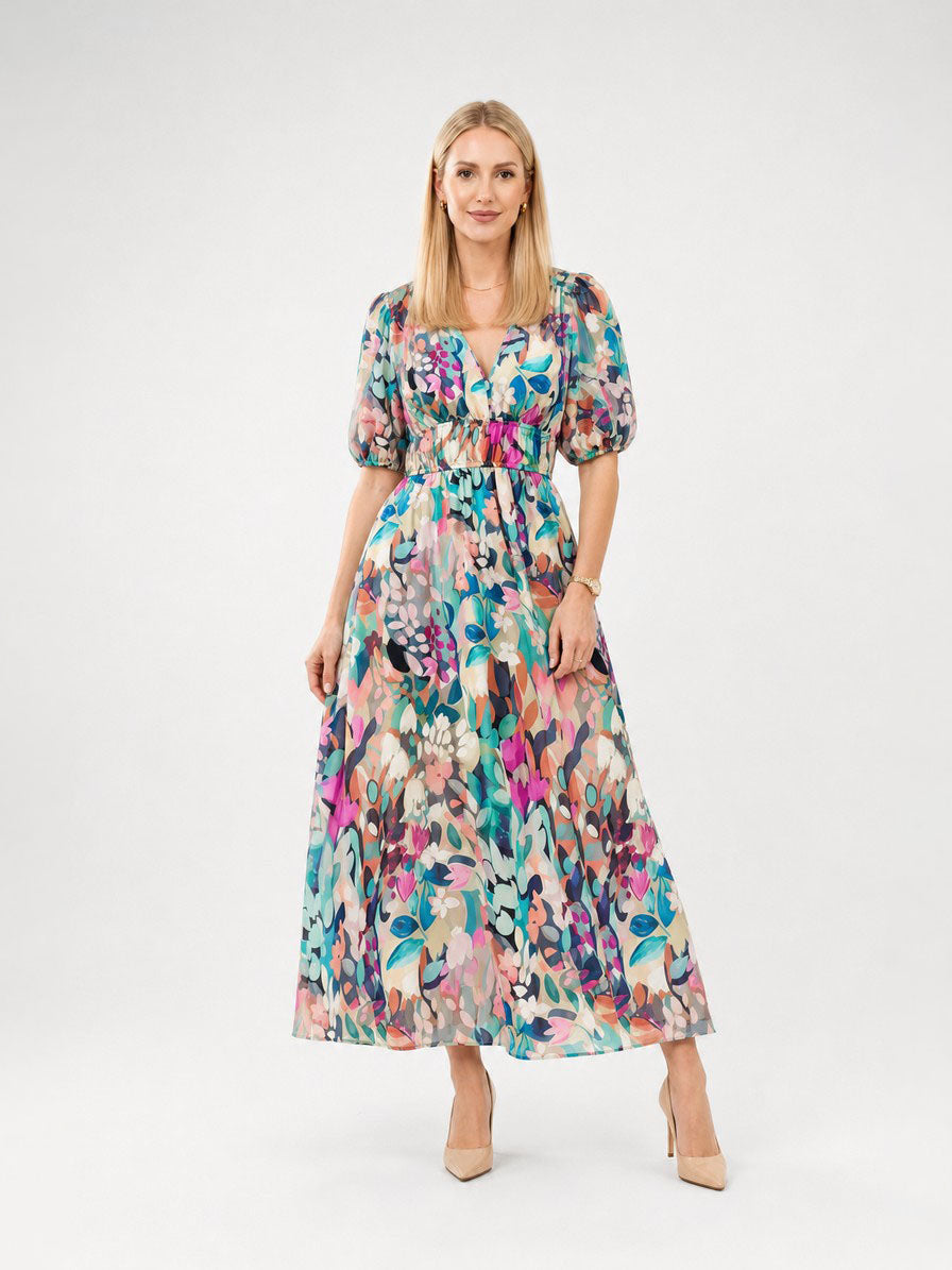 Zayé Women's V-Neck Midi Dress | Short Sleeve Gathered Waist