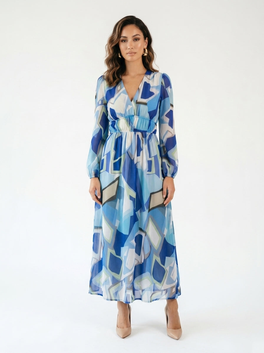 Zayé Women's Watercolour Floral Chiffon Maxi Dress | Wrap V-Neck Bishop Sleeve Tiered Skirt