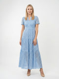 Zayé Women's Eyelet Midi Dress | V-Neck Short Sleeve Smocked Waist Tiered Skirt