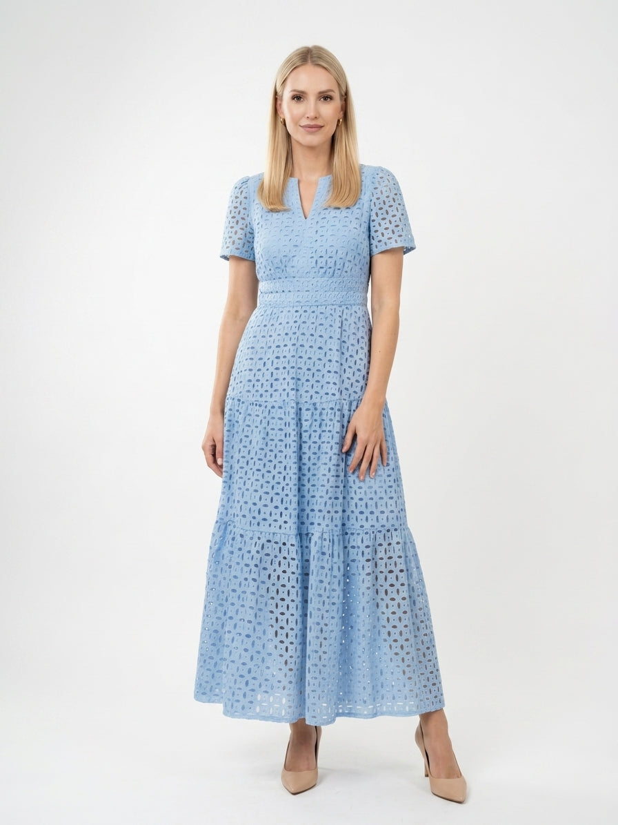 Zayé Women's Eyelet Midi Dress | V-Neck Short Sleeve Smocked Waist Tiered Skirt