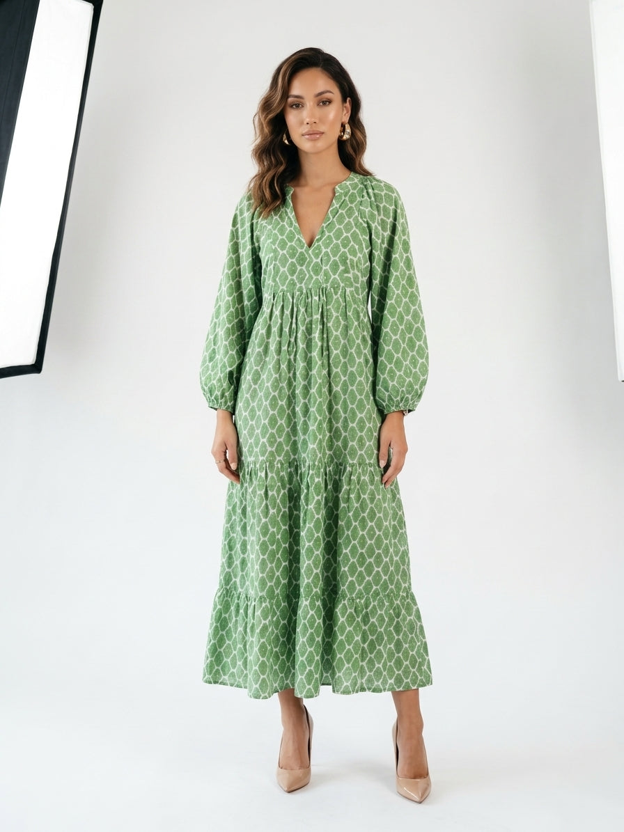 Zayé Women's Geometric Print Midi Dress | V-Neck Batwing Sleeve Tiered Skirt