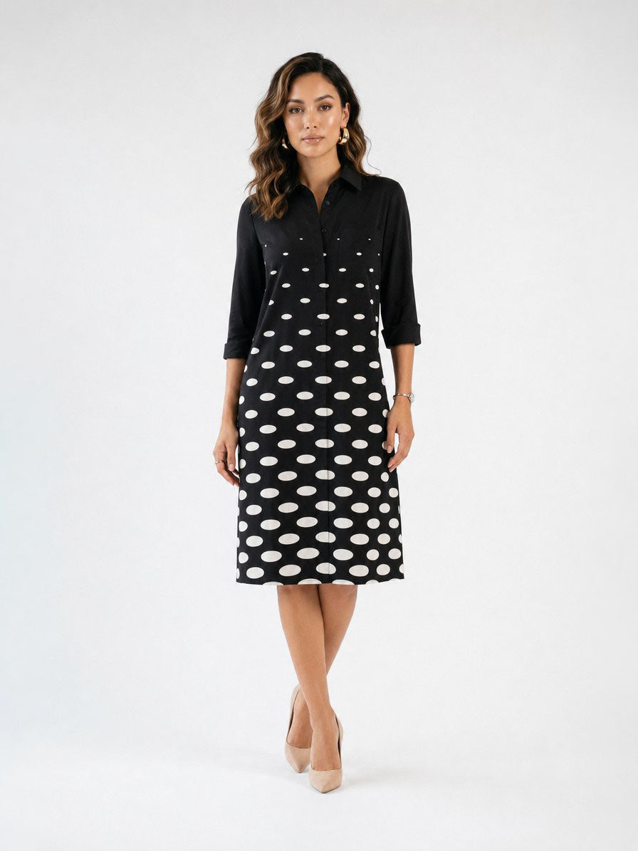 Zayé Women's Graduating Oval Dot Shirt Dress | Point Collar Three Quarter Sleeve Relaxed A-Line