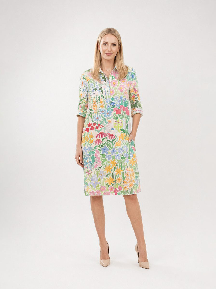 Zayé Women's Wildflower Meadow Print Shirt Dress | Point Collar Three Quarter Sleeve Relaxed Fit