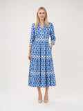 Zayé Women's Chain Pattern Midi Dress | V-Neck Three Quarter Sleeve Tiered Skirt
