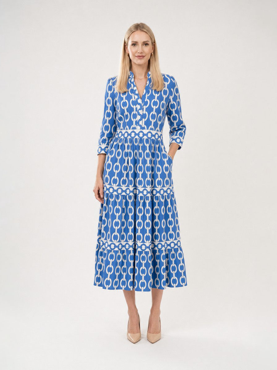 Zayé Women's Chain Pattern Midi Dress | V-Neck Three Quarter Sleeve Tiered Skirt