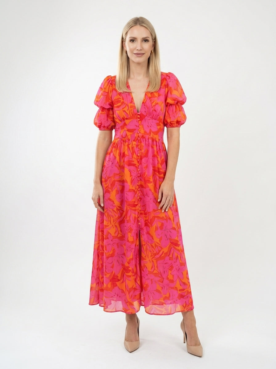 Zayé Women's Tropical Floral Maxi Dress | Deep V-Neck Puff Sleeve Button Front Elasticated Waist | Hot Pink