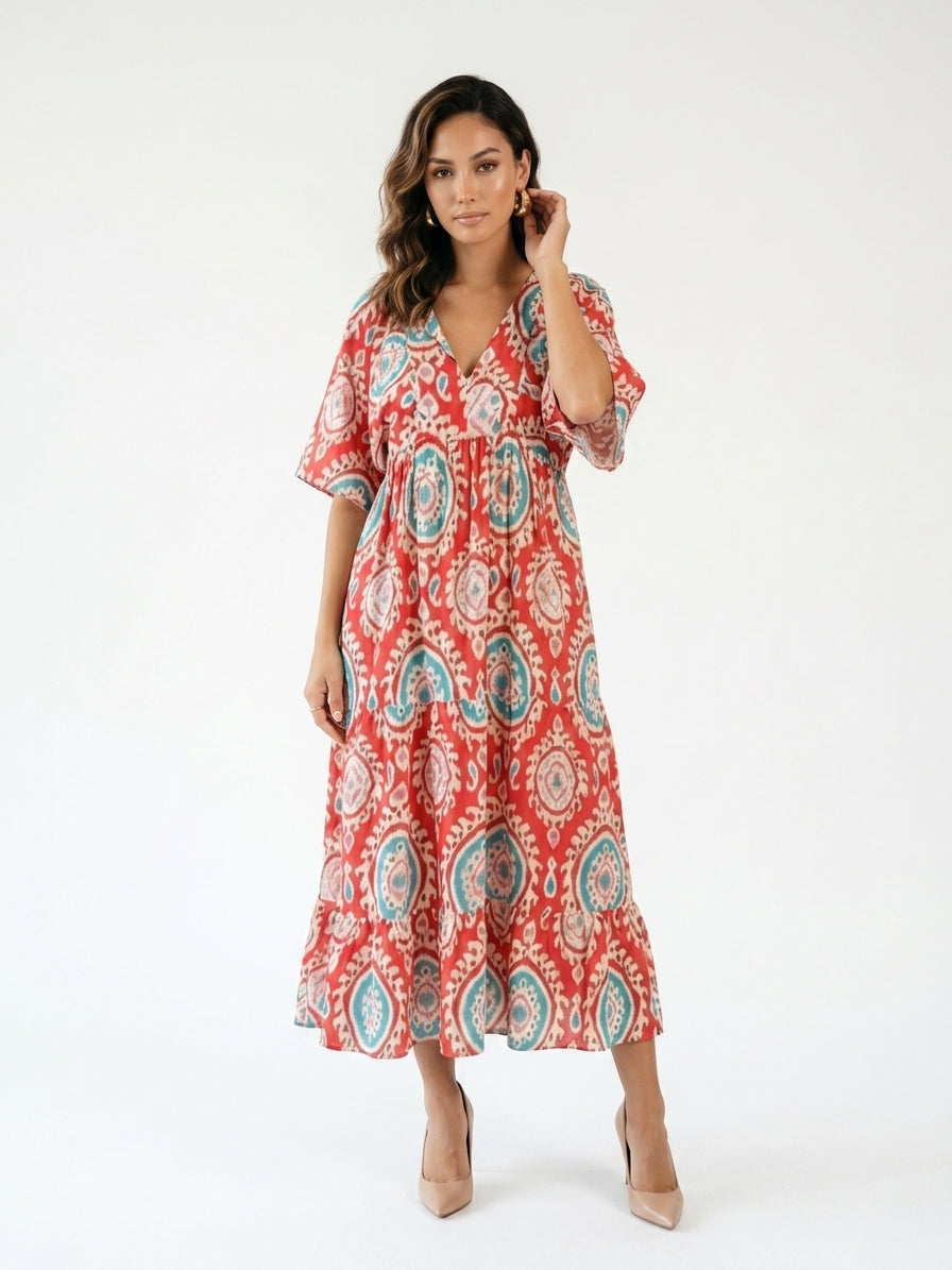 Zayé Women's Medallion Print Midi Dress | V-Neck Batwing Sleeve Frill Hem | Coral Red