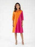 Zayé Women's Colour Block Shirt Dress | Diagonal Split Orange Pink Point Collar Three Quarter Sleeve