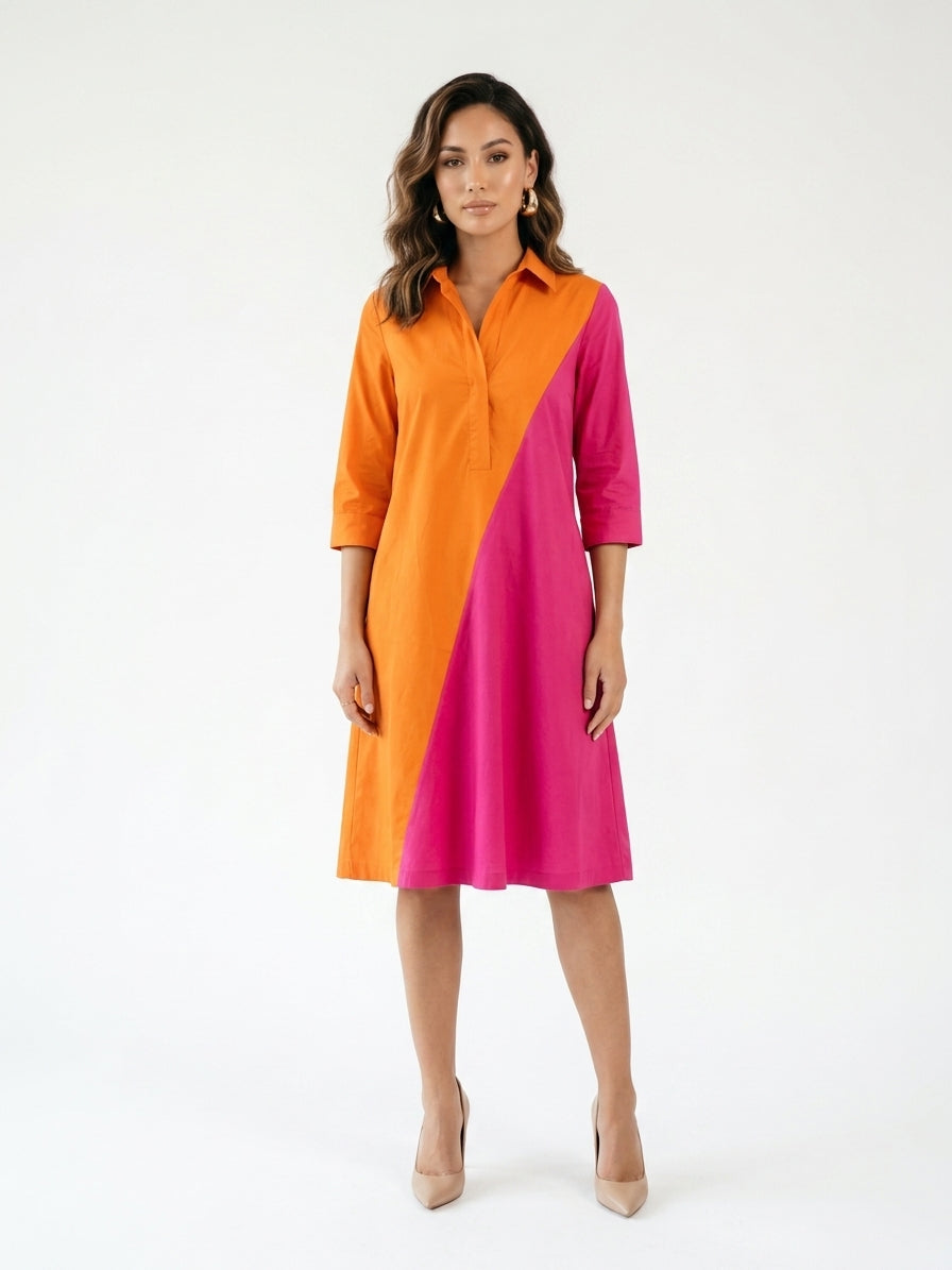 Zayé Women's Colour Block Shirt Dress | Diagonal Split Orange Pink Point Collar Three Quarter Sleeve
