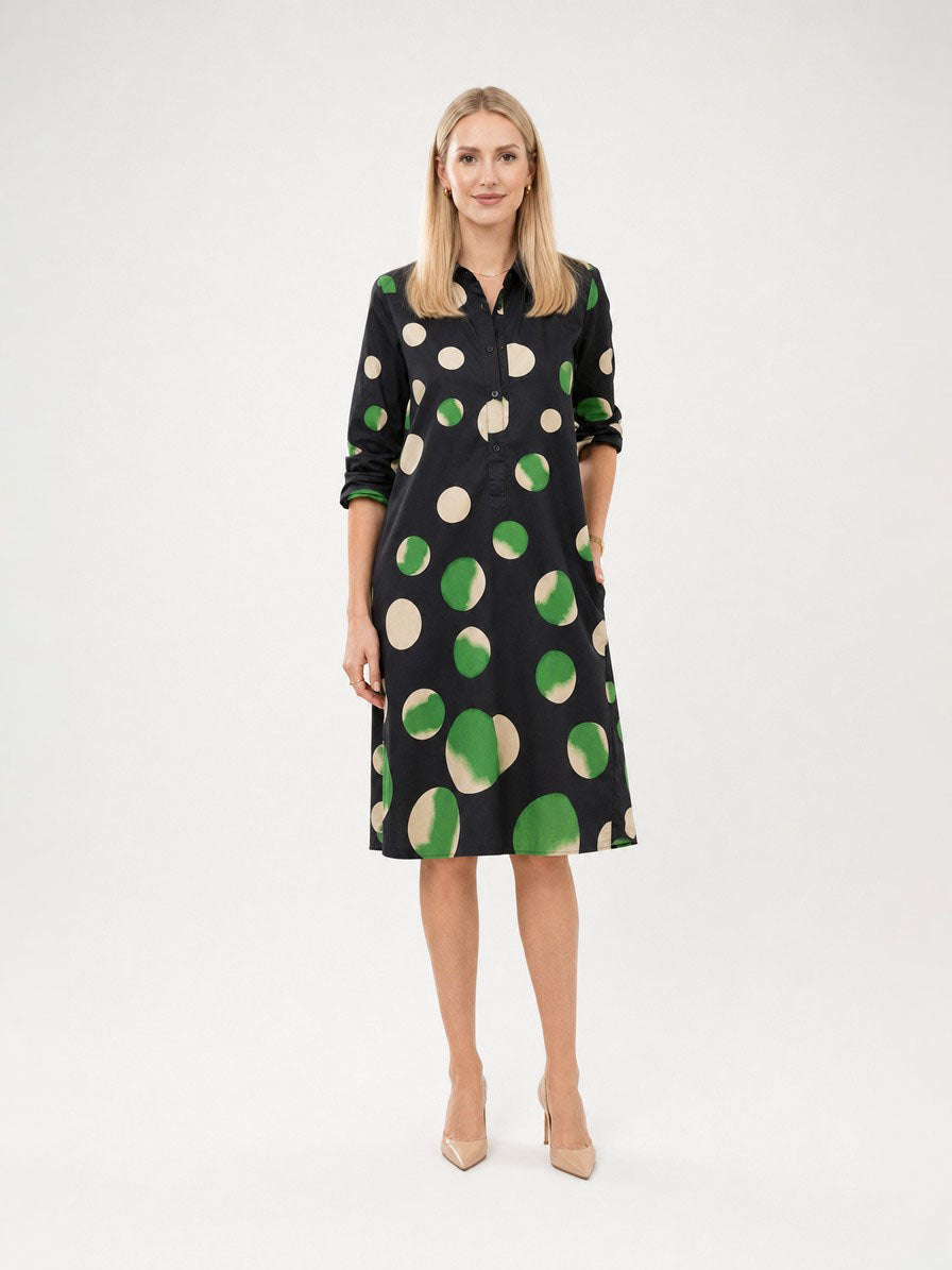 Zayé Women's Two-Tone Polka Dot Shirt Dress | Point Collar Three Quarter Sleeve Breast Pocket