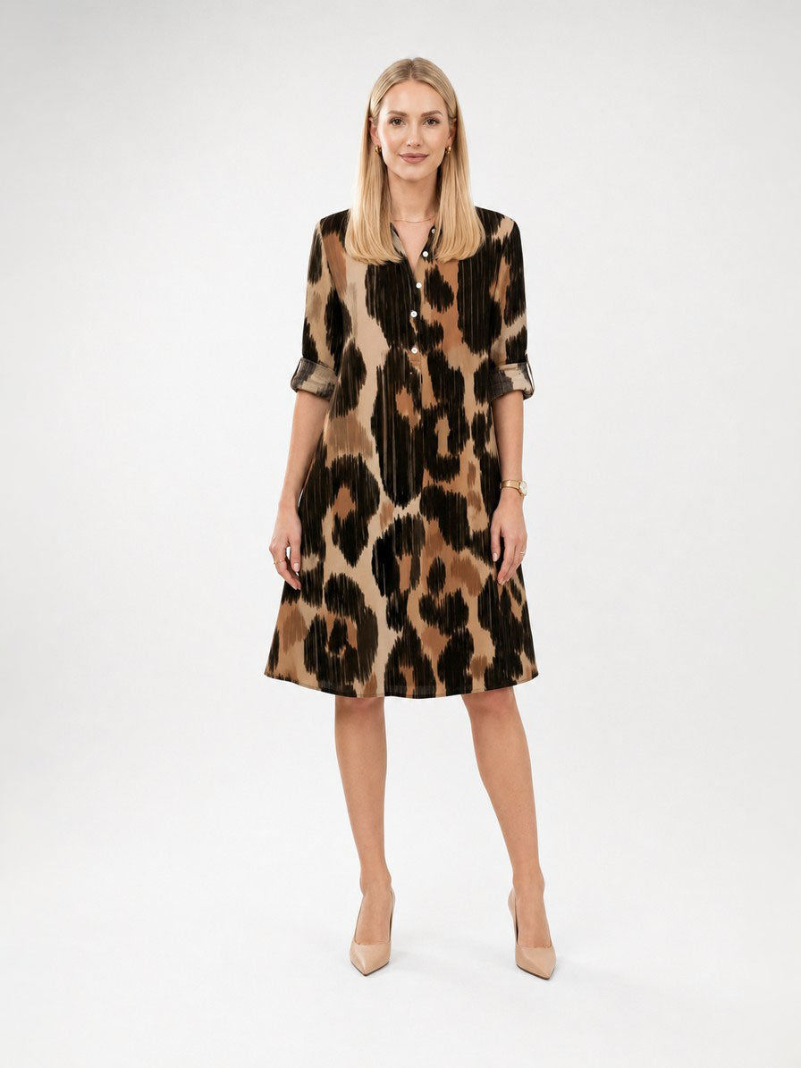 Zayé Women's Abstract Leopard Print Shirt Dress | Point Collar Three Quarter Sleeve Relaxed Fit