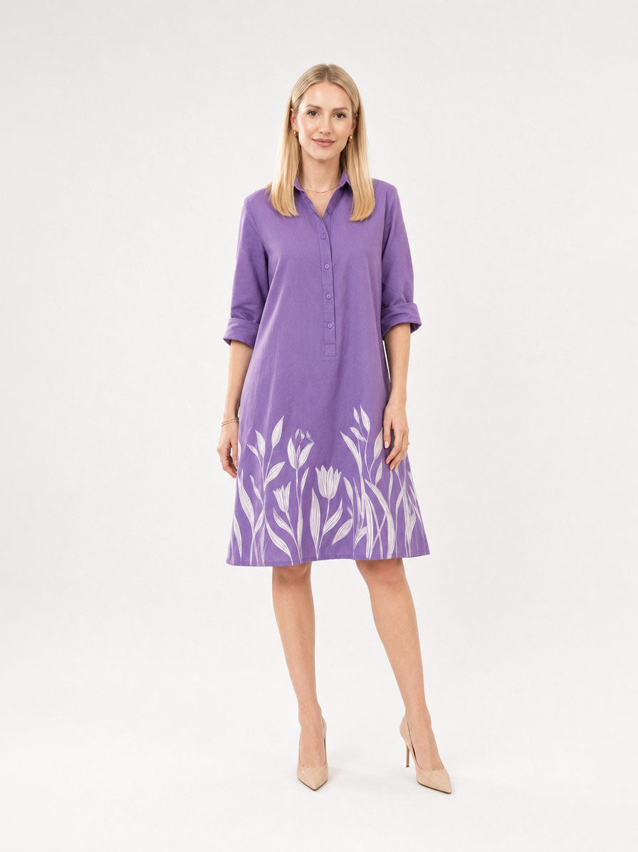 Zayé Women's Tulip Silhouette Hem Shirt Dress | Full Button Front Point Collar Three Quarter Sleeve