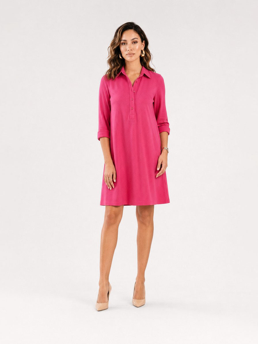 Zayé Women's Polo Neck Dress | Three Quarter Sleeve Breast Pocket Relaxed A-Line